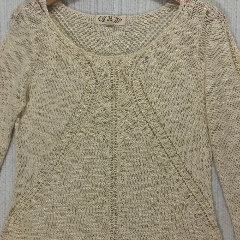 Pink Rose Womens Knit Pullover Sweater Crochet Texture Long Sleeve Top